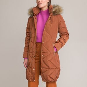 Lange donsjas met kap, volop winter ANNE WEYBURN. Polyester materiaal. Maten 46 FR - 44 EU. Kastanje kleur