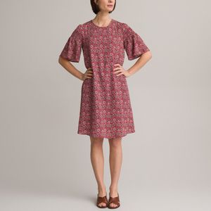 Wijd uitlopende jurk, bloemenprint, halflang ANNE WEYBURN. Polyester materiaal. Maten 42 FR - 40 EU. Roze kleur