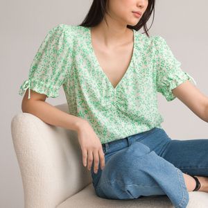 Hemd met V-hals, bloemenprint en korte mouwen LA REDOUTE COLLECTIONS. Viscose materiaal. Maten 40 FR - 38 EU. Groen kleur