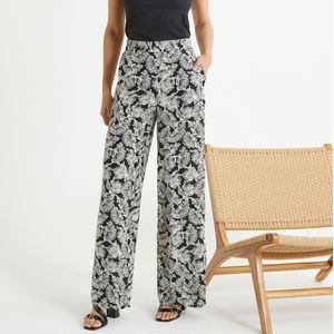 Wijde broek met bloemenprint ANNE WEYBURN. Viscose materiaal. Maten 50 FR - 48 EU. Zwart kleur