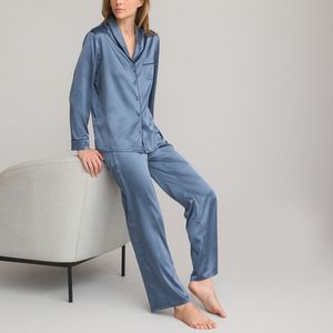 Pyjama in satijn, sjaalkraag LA REDOUTE COLLECTIONS. Katoen materiaal. Maten 48 FR - 46 EU. Blauw kleur