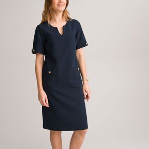 Rechte jurk, halflang, korte mouwen ANNE WEYBURN. Polyester materiaal. Maten 36 FR - 34 EU. Blauw kleur