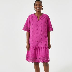 Wijd uitlopende jurk met borduursels, halflang, korte mouwen ANNE WEYBURN. Katoen materiaal. Maten 36 FR - 34 EU. Roze kleur