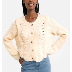 Gebreid vest met ronde hals, in tricot met ajour SEE U SOON. Polyester materiaal. Maten S/M. Beige kleur