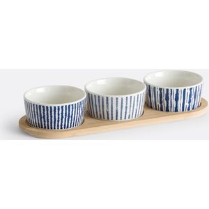 Atlanti - Set van 3 Kommetjes - Blauw/Wit - Porselein met Bamboe Plateau