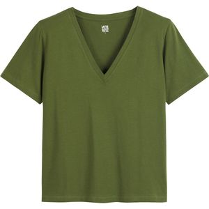 Loose T-shirt met V-hals, korte mouwen LA REDOUTE COLLECTIONS. Katoen materiaal. Maten S. Groen kleur