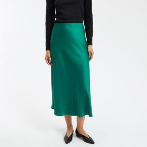 Wijd uitlopende lange rok in mat satijn, Signature MARION LA REDOUTE COLLECTIONS. Katoen materiaal. Maten 50 FR - 48 EU. Groen kleur