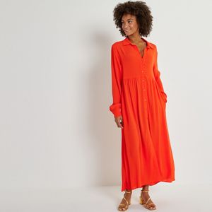 Wijd uitlopende lange hemdjurk, lange mouwen LA REDOUTE COLLECTIONS. Viscose materiaal. Maten 38 FR - 36 EU. Oranje kleur