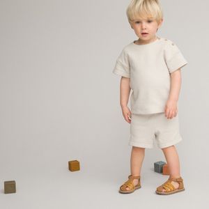 Ensemble T-shirt en short in gewafelde stof LA REDOUTE COLLECTIONS. Katoen materiaal. Maten 18 mnd - 81 cm. Beige kleur