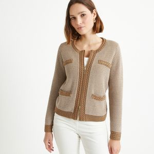 Gebreid vest met ronde hals in grof tricot ANNE WEYBURN. Katoen materiaal. Maten 38/40 FR - 36/38 EU. Beige kleur