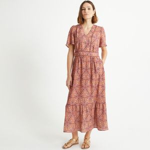 Lange wijd uitlopende jurk, ethnisch motief ANNE WEYBURN. Polyester materiaal. Maten 46 FR - 44 EU. Oranje kleur