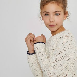 Trui met ronde hals in fijn ajour tricot LA REDOUTE COLLECTIONS. Katoen materiaal. Maten 12 jaar - 150 cm. Beige kleur