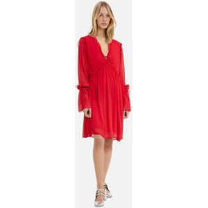 Uitlopende korte jurk met ruches, V-hals en lange mouwen THE KOOPLES. Katoen materiaal. Maten 1(S). Rood kleur