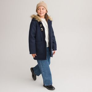 Duffle-coat, kap met imitatiebont LA REDOUTE COLLECTIONS. Polyester materiaal. Maten 4 jaar - 102 cm. Blauw kleur