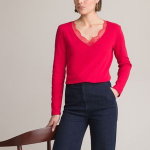 T-shirt met V-hals met kant, lange mouwen ANNE WEYBURN. Katoen materiaal. Maten 38/40 FR - 36/38 EU. Rood kleur