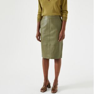 Rechte rok in schapenleer, halflang ANNE WEYBURN. Leer materiaal. Maten 40 FR - 38 EU. Groen kleur
