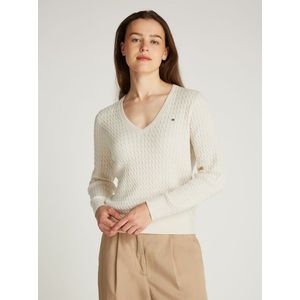 Trui met V-hals, tricot met kabelmotief TOMMY HILFIGER. Katoen materiaal. Maten S. Beige kleur