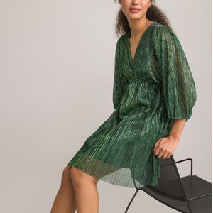 Korte jurk met V-hals en lange mouwen in glanzend tricot LA REDOUTE COLLECTIONS. Polyester materiaal. Maten 46 FR - 44 EU. Groen kleur