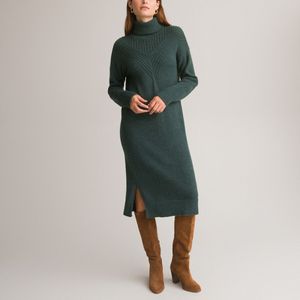 Rechte jurk in trcot, halflang, lange mouwen ANNE WEYBURN. Wol materiaal. Maten 34/36 FR - 32/34 EU. Groen kleur