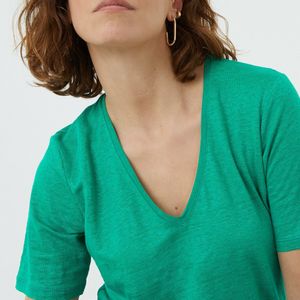 T-shirt met V-hals in linnen, made in Europe LA REDOUTE COLLECTIONS. Linnen materiaal. Maten XS. Groen kleur