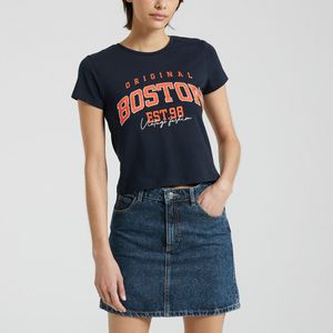 Cropped T-shirt met motief NOISY MAY. Katoen materiaal. Maten L. Blauw kleur