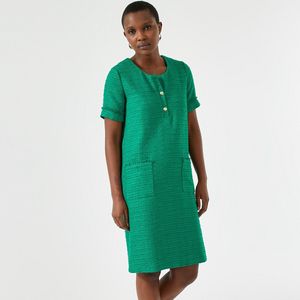 Rechte jurk in tweed, halflang, korte mouwen ANNE WEYBURN. Polyester materiaal. Maten 48 FR - 46 EU. Groen kleur