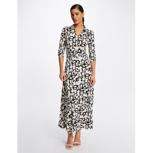 Lange, wijd uitlopende jurk, abstracte print MORGAN. Polyester materiaal. Maten 34 FR - 32 EU. Wit kleur