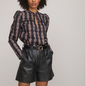 Blouse met ronde hals met volant, lange mouwen LA REDOUTE COLLECTIONS. Katoen materiaal. Maten 48 FR - 46 EU. Zwart kleur