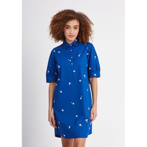 Korte jurk met korte mouwen en hemdskraag, borduursel ICODE. Katoen materiaal. Maten 38 FR - 36 EU. Blauw kleur