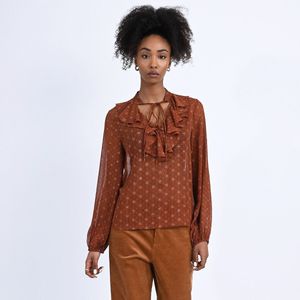 Blouse in bedrukte voile met volants MOLLY BRACKEN. Polyester materiaal. Maten XL. Kastanje kleur