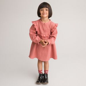 Jurk met lange mouwen in tetra LA REDOUTE COLLECTIONS. Katoen materiaal. Maten 3 jaar - 94 cm. Roze kleur