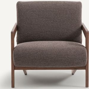 Fauteuil in massief notenhout en bouclette, Izag AM.PM. Bouclette materiaal. Maten één maat. Kastanje kleur