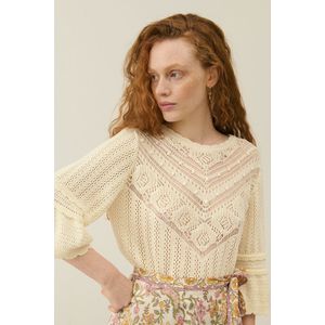 Trui van gehaakt tricot met elleboogmouwen, CROISETTE LOUISE MISHA. Katoen materiaal. Maten M. Beige kleur
