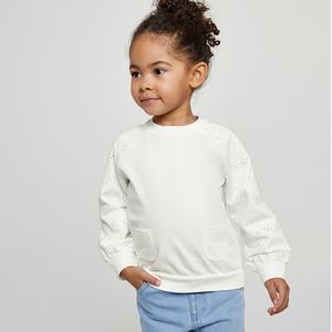 Sweater met ronde hals, in molton en Engels kant LA REDOUTE COLLECTIONS. Molton materiaal. Maten 1 jaar - 74 cm. Wit kleur