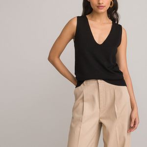 Basic tanktop in tricot, V-hals LA REDOUTE COLLECTIONS. Viscose materiaal. Maten XL. Zwart kleur