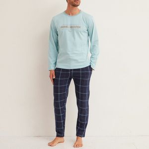 Lange pyjama met logo en geruite broek DANIEL HECHTER LINGERIE. Katoen materiaal. Maten XXL. Blauw kleur