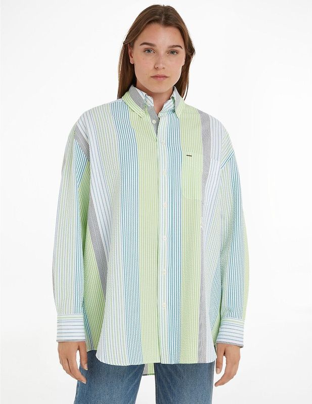 Losse, gestreept hemd, lange mouwen TOMMY HILFIGER. Bio katoen materiaal. Maten M. Groen kleur