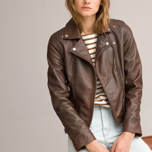 Bikerjasje in leer LA REDOUTE COLLECTIONS. Leer materiaal. Maten 40 FR - 38 EU. Kastanje kleur