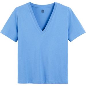 Loose T-shirt met V-hals, korte mouwen LA REDOUTE COLLECTIONS. Katoen materiaal. Maten L. Blauw kleur