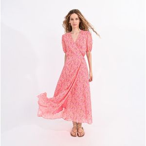 Lange, bedrukte jurk, wikkelhals LILI SIDONIO. Polyester materiaal. Maten L. Roze kleur