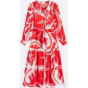 Bedrukte vloeiende jurk met V-hals en ceintuur, CINDIA SUNCOO. Polyester materiaal. Maten 2(M). Rood kleur