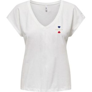 T-shirt met V-hals, geborduurde hartjes ONLY. Katoen materiaal. Maten XL. Wit kleur