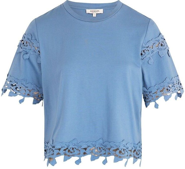 T-shirt met korte mouwen en guipure-details MORGAN. Katoen materiaal. Maten S. Blauw kleur