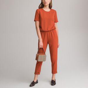 Jumpsuit in reliëfstof ANNE WEYBURN. Polyester materiaal. Maten 36 FR - 34 EU. Kastanje kleur