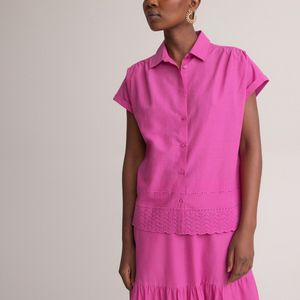 Blouse In Engels kant, korte mouwen ANNE WEYBURN. Katoen materiaal. Maten 36 FR - 34 EU. Roze kleur