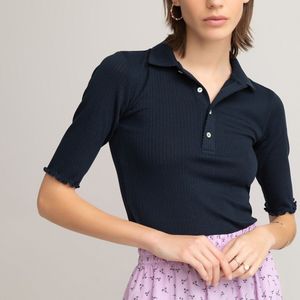 Polo met korte mouwen, geribd tricot LA REDOUTE COLLECTIONS. Polyester materiaal. Maten S. Blauw kleur