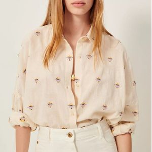 Losvallende, geborduurde hemd, BOTENZO SESSUN. Katoen materiaal. Maten M. Beige kleur