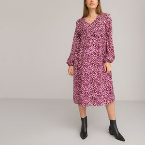 Zwangerschapsjurk met V-hals, lange mouwen, bedrukt LA REDOUTE COLLECTIONS. Polyester materiaal. Maten 44 FR - 42 EU. Roze kleur