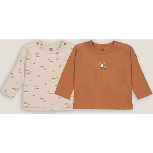 Set van 2 T-shirts met lange mouwen, paddenstoelen motief LA REDOUTE COLLECTIONS. Katoen materiaal. Maten 1 mnd - 54 cm. Beige kleur