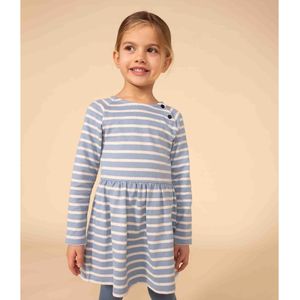 Gestreepte jurk met lange mouwen in dik katoen PETIT BATEAU. Katoen materiaal. Maten 6 jaar - 114 cm. Blauw kleur